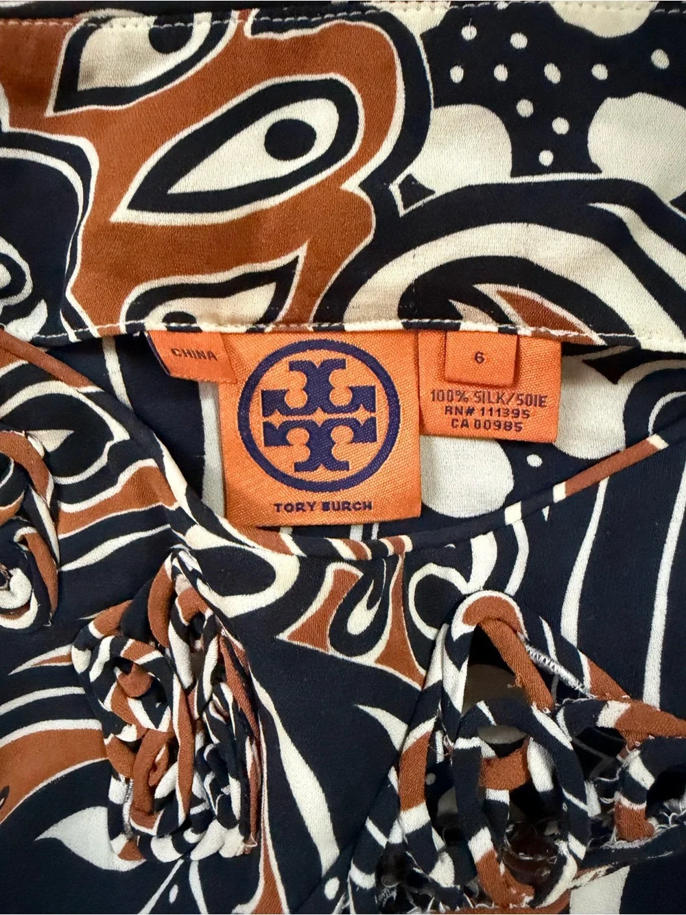 Tory Burch Black and Brown Paisley-Print Long Sleeve Blouse